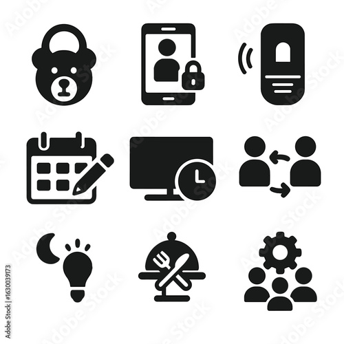 Family Smart Routine Icons. Solid, filled icons set of family-friendly smart routines: child-safe mode icon,