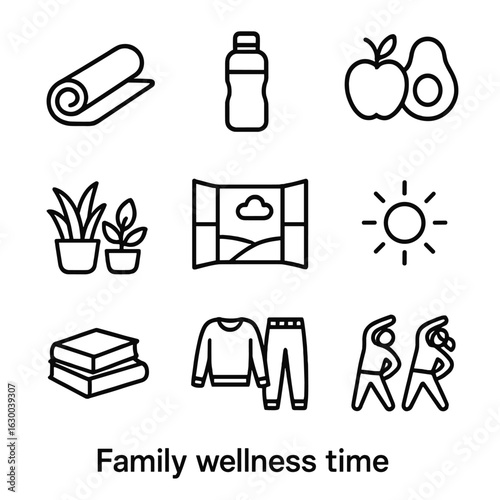Family Wellness Icons. Outline icon set of family wellness time: yoga mat, water bottle, healthy food, plants,