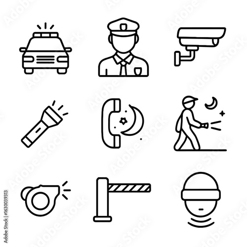 Night Security Icons. Outline icon set of night security and safety: police car, security guard, surveillance camera, flashlight