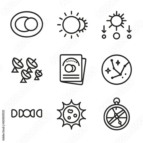 Eclipse Astronomy Icon Set. Outline icon set of eclipse astronomy: orbit paths, celestial bodies, gravitational pull, telescope