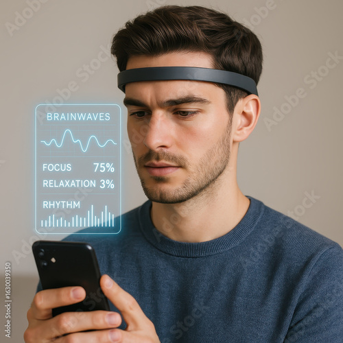 Person Wearing Technological Headband and Cell Phone for Data Monitoring