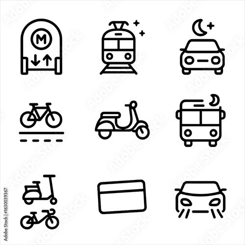 Night Transport Icons. Outline icon set of nighttime transportation: subway entrance, night train, ride-share car, taxi meter,