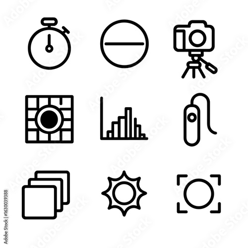 Eclipse Photography Icons. Outline icon set of eclipse photography: long exposure timer, neutral density filter, camera on