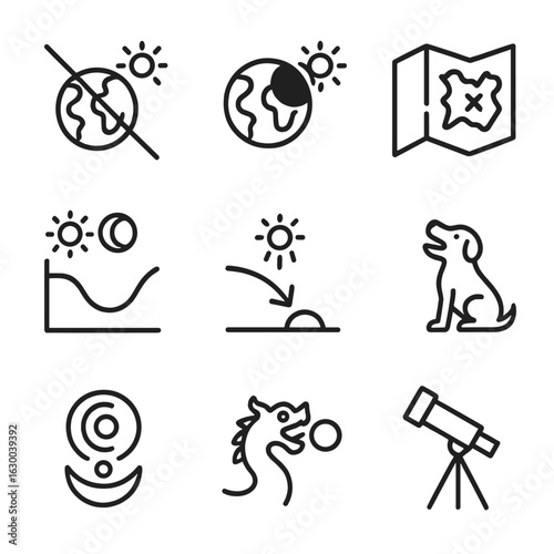 Eclipse Effects Icons. Outline icon set of eclipse effects on earth: shadow path, twilight zone, eclipse map, temperature graph,