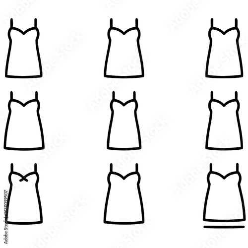 Nightgown Size Icons. Outline icon set of nightgown sizes: small, medium, large, extra large, plus size, petite, tall, adjustable
