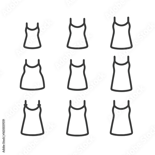Nightgown Size Icons. Outline icon set of nightgown sizes: small, medium, large, extra large, plus size, petite, tall, adjustable