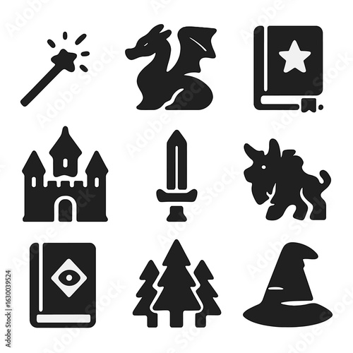 Fantasy Icons Grid. Solid, filled icons set of Fantasy book adaptations: magic wand, dragon, enchanted book,