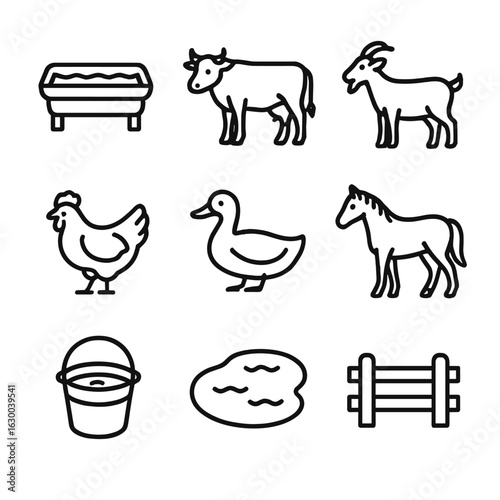 Farm Animal Icons. Outline icon set of farm animals and water: trough, cow, goat, chicken, duck, horse, water