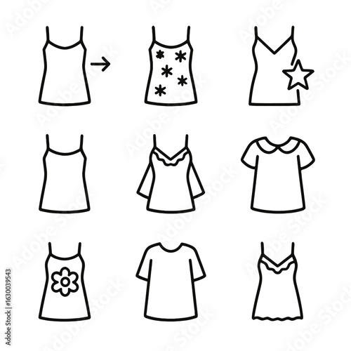Nightgown Fashion Icons. Outline icon set of nightgown fashion trends: trending designs, seasonal patterns, celebrity-inspired,