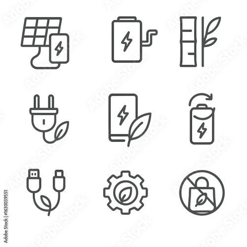 Eco Charger Icons. Outline icon set of eco chargers: solar charger, hand crank charger, bamboo power bank, biodegradable cable,