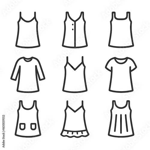 Nightgown Features Icons. Outline icon set of nightgown features: adjustable straps, button front, sleeveless, long sleeves,