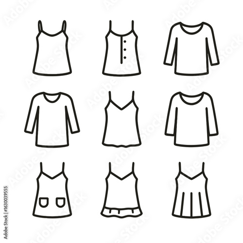 Nightgown Features Icons. Outline icon set of nightgown features: adjustable straps, button front, sleeveless, long sleeves,