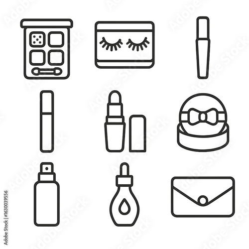 Night-Out Makeup Icons. Outline icon set of glam night-out makeup bag: glitter palette, false lashes case, lash glue, bold lip