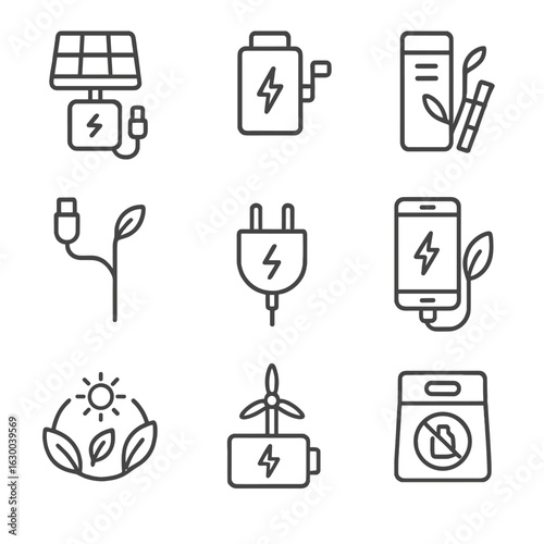 Eco Charger Icons. Outline icon set of eco chargers: solar charger, hand crank charger, bamboo power bank, biodegradable cable,