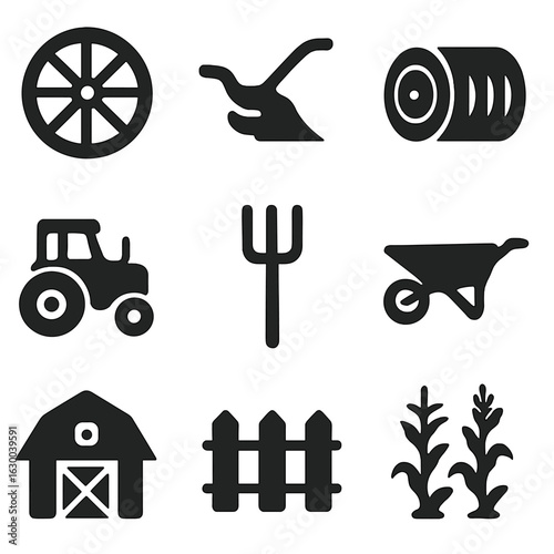 Farm Equipment Icons. Solid, filled icons set of farm equipment: wagon wheel, plow, hay bale, tractor,