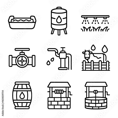 Farm Water System Icons. Outline icon set of farm water systems: trough, water tank, irrigation pipe, valve,