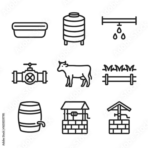 Farm Water System Icons. Outline icon set of farm water systems: trough, water tank, irrigation pipe, valve,