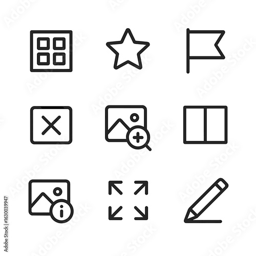 Photo Editing Icons. Outline icon set of RAW preview and culling: thumbnail grid, star rating, flag marker, reject icon, zoom