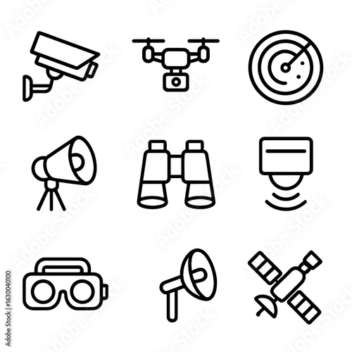 Conflict Surveillance Icons. Outline icon set of conflict zone surveillance: CCTV camera, drone, radar, spotlight, binoculars,