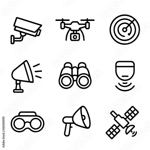 Conflict Surveillance Icons. Outline icon set of conflict zone surveillance: CCTV camera, drone, radar, spotlight, binoculars,
