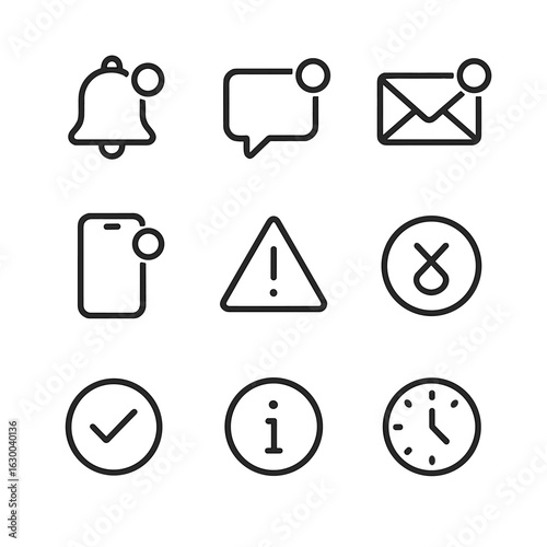 Notification Icons Set. Outline icon set of notification types: bell, message alert, email notification, push notification,
