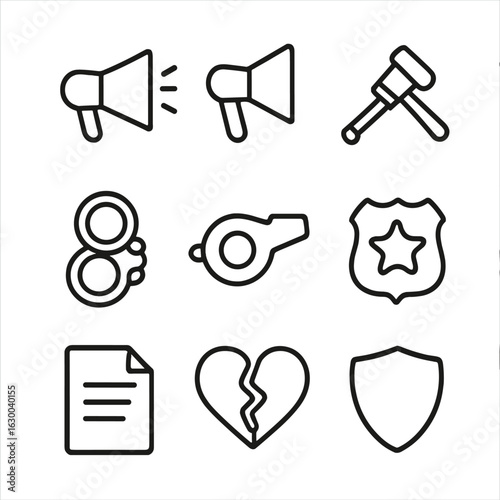 Conflict Tools Icons. Outline icon set of conflict tools: megaphone, loudspeaker, gavel, handcuffs, whistle, police badge, Free Download Conflict Tools Icons. Outline icon set of conflict tools: megaphone, loudspeaker, gavel, handcuffs, whistle, police badge, - GFXLoad