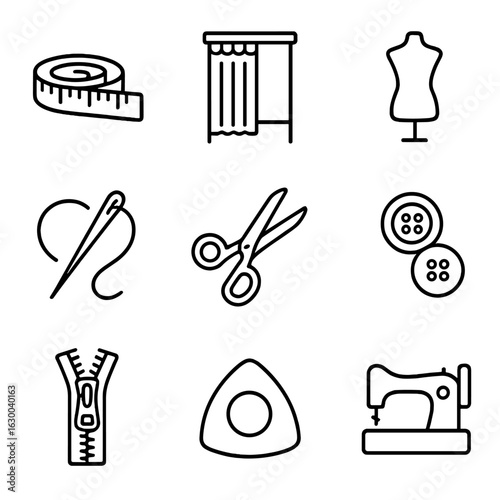 Fashion Alterations Icons. Outline icon set of fashion fittings and alterations: measuring tape, fitting room,