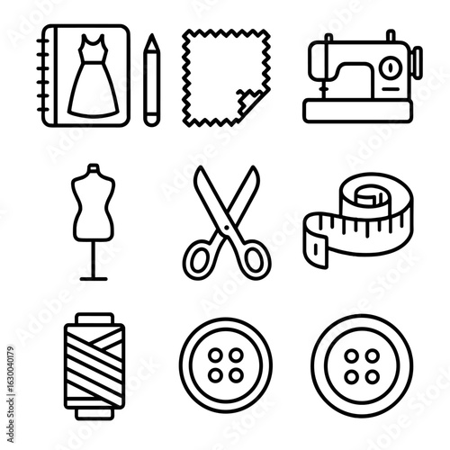 Fashion Design Icon Set. Outline icon set of fashion design process: sketchbook, pencil, fabric swatch, sewing