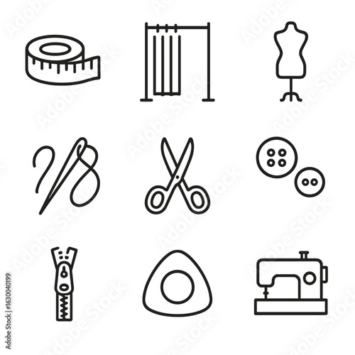 Fashion Alterations Icons. Outline icon set of fashion fittings and alterations: measuring tape, fitting room,