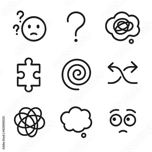 Confusion Icons Set. Outline icon set of confusion emotions: puzzled face, question mark, swirling thoughts, broken puzzle piece,