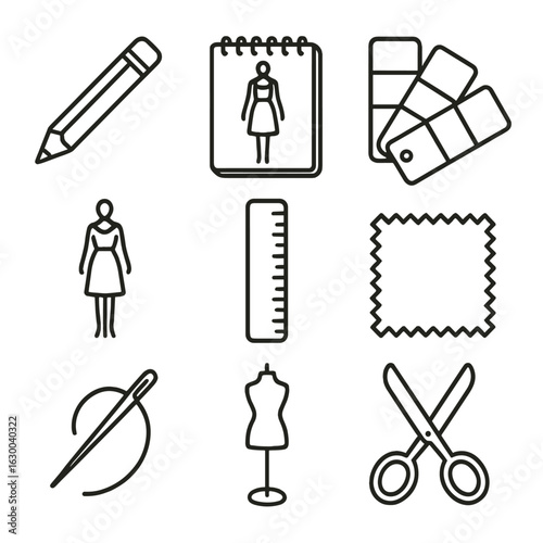 Fashion Design Tools. Outline icon set of fashion sketching and design: pencil, sketchpad, color palette,