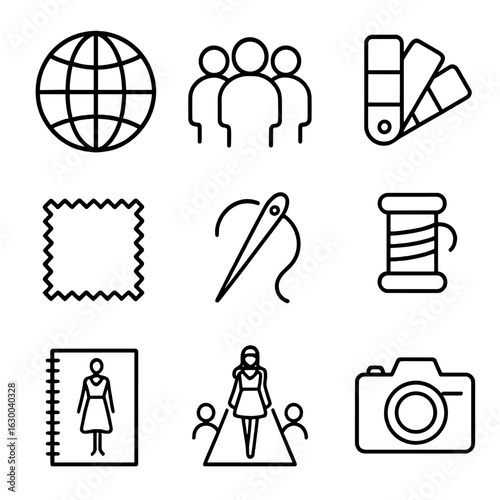 Fashion Diversity Icons. Outline icon set of fashion diversity: globe, group of people, color palette, fabric
