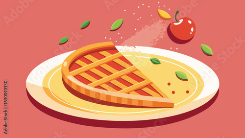 Illustration of a half eaten pie with lattice crust on a plate with cherry and leaves floating around