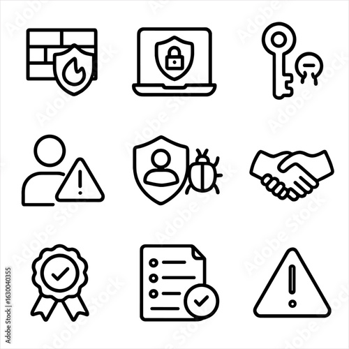 Connectivity & Nocturnal Icons. Outline icon set of connectivity security: firewall shield, VPN lock, encryption key, unauthorized