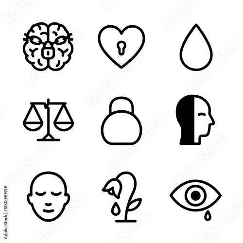 Conscience Icon Set. Outline icon set of conscience: brain with chains, locked heart, tear drop, broken scale, heavy weight,