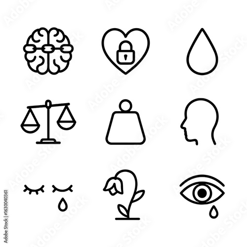 Conscience Icon Set. Outline icon set of conscience: brain with chains, locked heart, tear drop, broken scale, heavy weight,