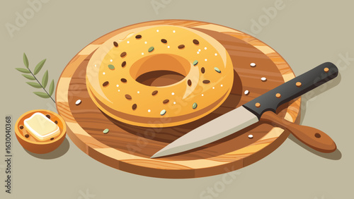 A bagel with seeds on a wooden board next to a knife and butter in a small bowl with a plant sprig
