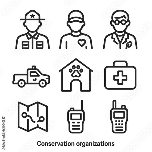 Conservation Organization Icons. Outline icon set of conservation organizations: ranger, volunteer, scientist, park ranger truck,