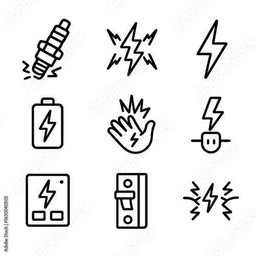 Electric Line Icons. Outline icon set of crackling electricity: spark plug, electric spark, lightning bolt, charged battery,