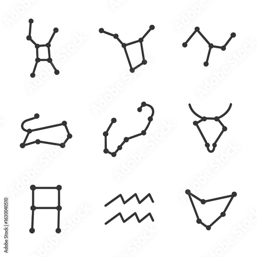 Constellation Icon Grid. Outline icon set of star constellations: Orion, Ursa Major, Cassiopeia, Leo, Scorpio, Taurus, Gemini,