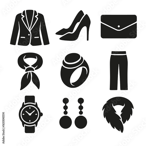 Fashion Icon Grid. Solid, filled icons set of sophisticated fashion items: velvet blazer, pointed toe pumps,