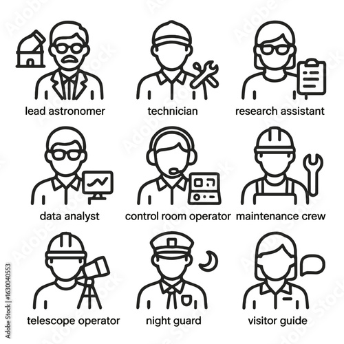 Observatory Staff Icons. Outline icon set of observatory staff: lead astronomer, technician, research assistant, data analyst,