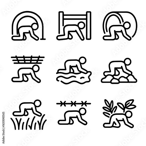 Obstacle Crawl Icons. Outline icon set of crawling obstacles: tunnel crawl, crawl under fence, crawl through pipe, crawl under net