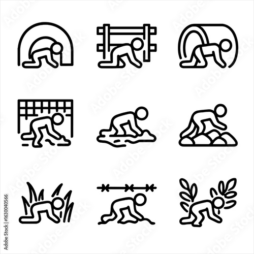 Obstacle Crawl Icons. Outline icon set of crawling obstacles: tunnel crawl, crawl under fence, crawl through pipe, crawl under net