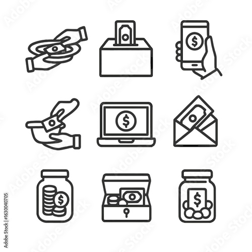 Offering Methods Icons. Outline icon set of offering plate collection methods: passing plate, donation box, electronic payment,