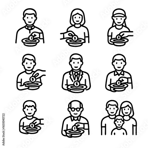Offering Plate Participants. Outline icon set of offering plate participants: priest, congregation, volunteer, donor, usher,