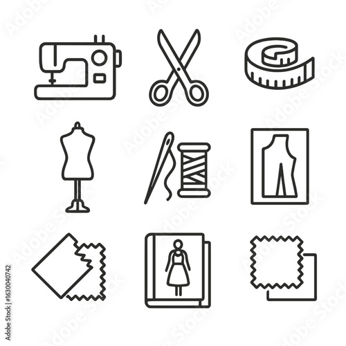 Fashion Tool Icons. Outline icon set of fashion design tools: sewing machine, scissors, measuring tape,