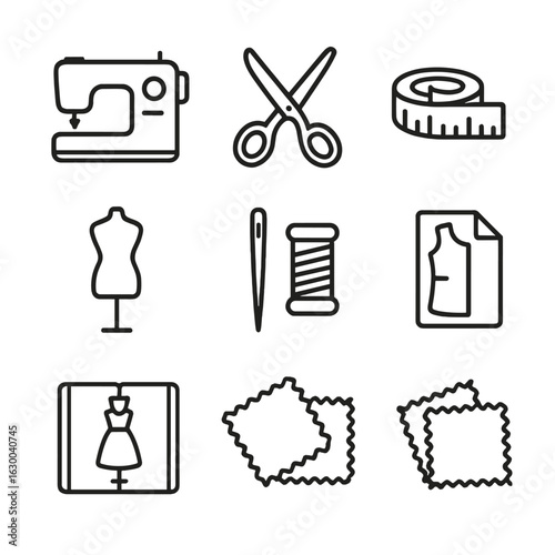 Fashion Tool Icons. Outline icon set of fashion design tools: sewing machine, scissors, measuring tape,
