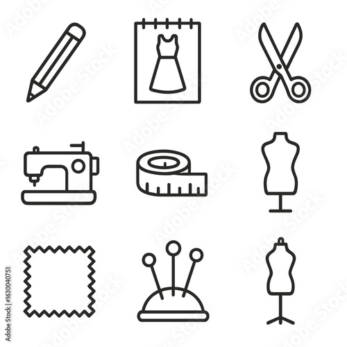 Fashion Tools Icon Set. Outline icon set of fashion design tools: pencil, sketchpad, scissors, sewing machine,