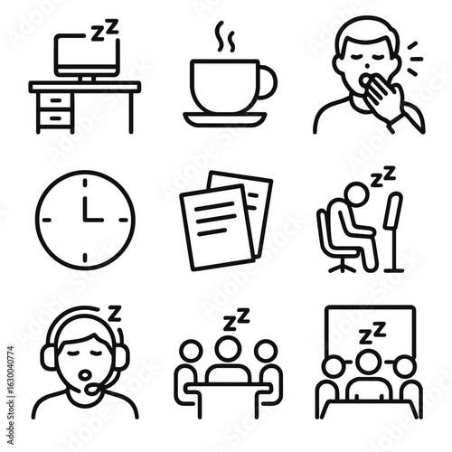 Office Sleepiness Icons. Outline icon set of sleepiness at work: office desk, computer screen, coffee cup, yawning employee, clock